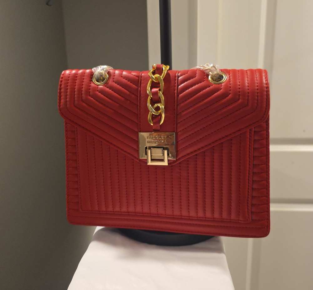 Badgley Mischka Red Quilted Shoulder Bag with Gold Chain